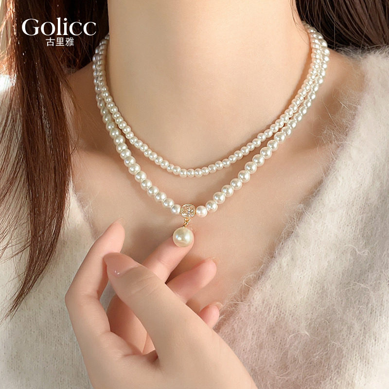 白色珍珠吊坠双层叠戴锆石项链女轻奢小众颈链2026新款配毛衣饰品