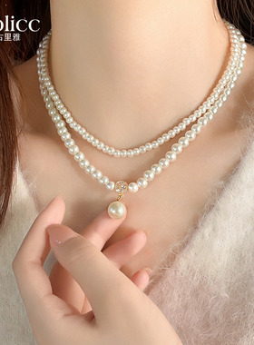 白色珍珠吊坠双层叠戴锆石项链