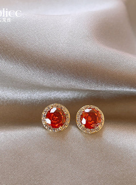 红色圆形微镶锆石耳钉女养耳洞耳饰睡觉免摘耳环2025年新款高级感