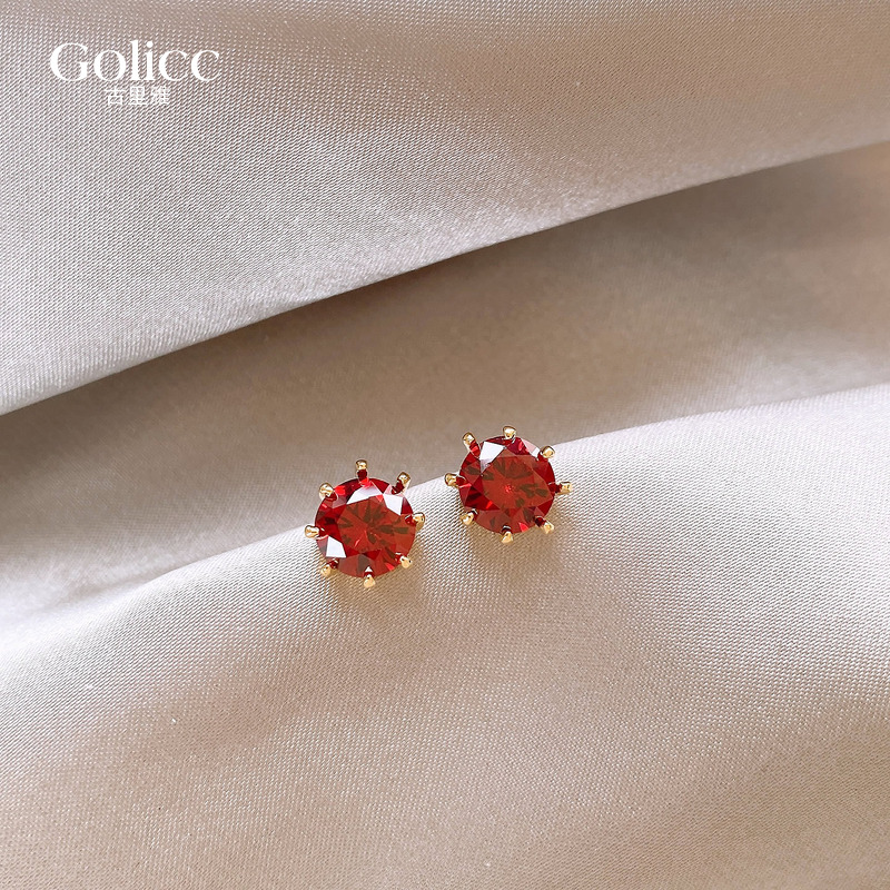 红色小巧精致圆形锆石耳钉女养耳洞耳环925纯银针耳饰品睡觉免摘