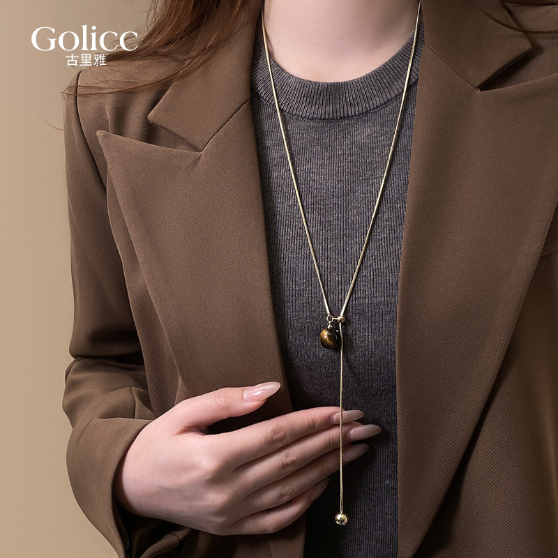 金色单颗虎眼石项链毛衣链轻奢