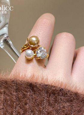 金色珍珠锆石开口戒指巨好看的