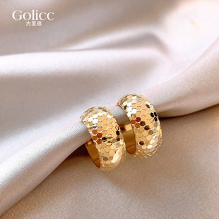 金色碎碎冰C圈耳环925纯银针女方圆脸耳圈耳钉时尚耳饰轻奢高级感