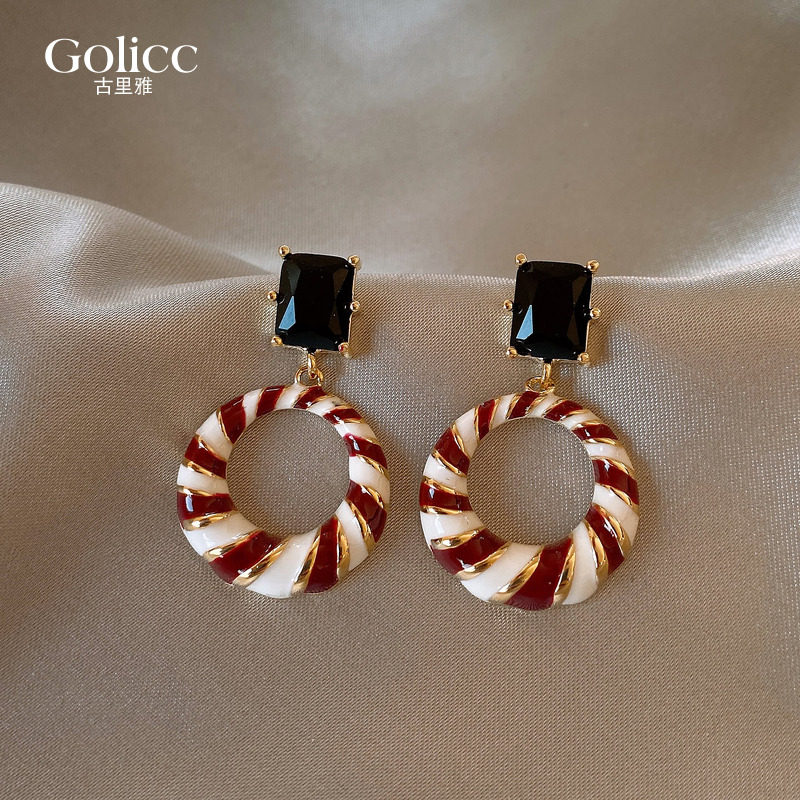 复古红白条纹镂空锆石耳坠耳钉