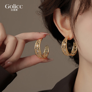 金色镂空花丝宽边C圈耳圈耳环女高级感轻奢耳饰品秋冬耳钉方圆脸