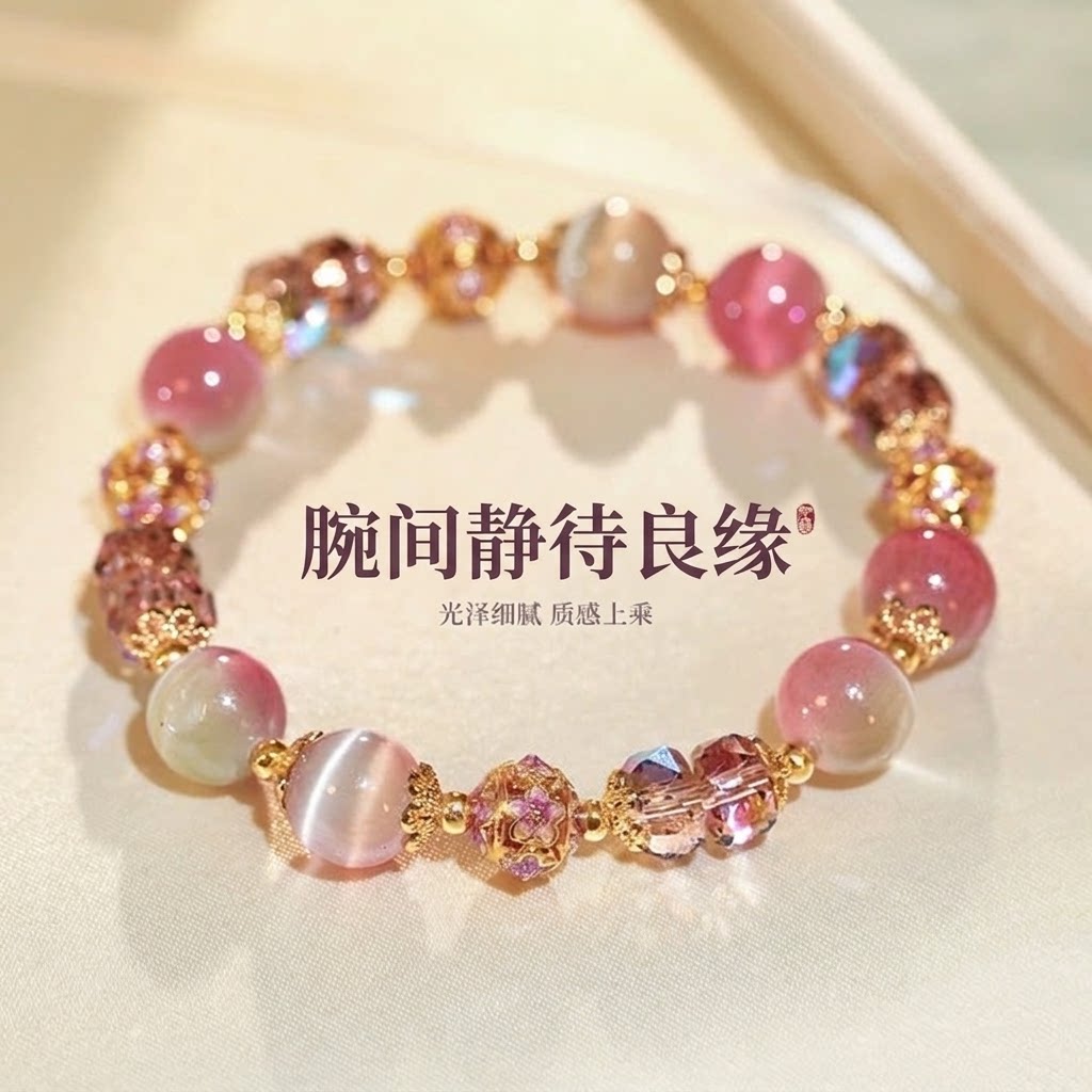 粉色仿玛瑙猫眼水晶手链女叠戴巨好看手串手饰轻奢小众精致高级感