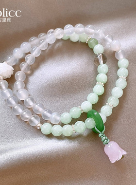 新中式莲花玉石串珠双层叠戴手链