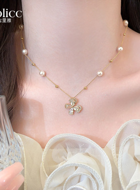 金色满钻蝴蝶吊坠珍珠满天星项链