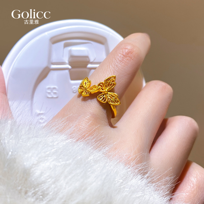 古法沙金大小蝴蝶开口戒指高级感