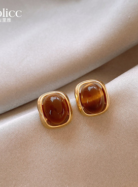 古里雅复古美拉德耳钉女2026新款耳环高级感气质大气咖色琥珀耳饰