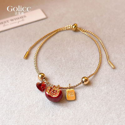 红石榴爱心锆石福牌串珠手链精致