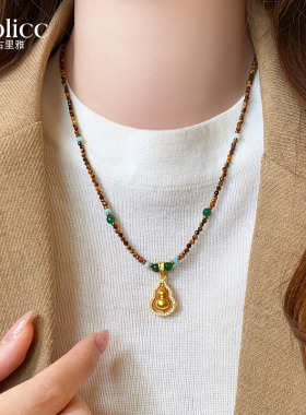 金色镂空微镶葫芦吊坠串珠长项链