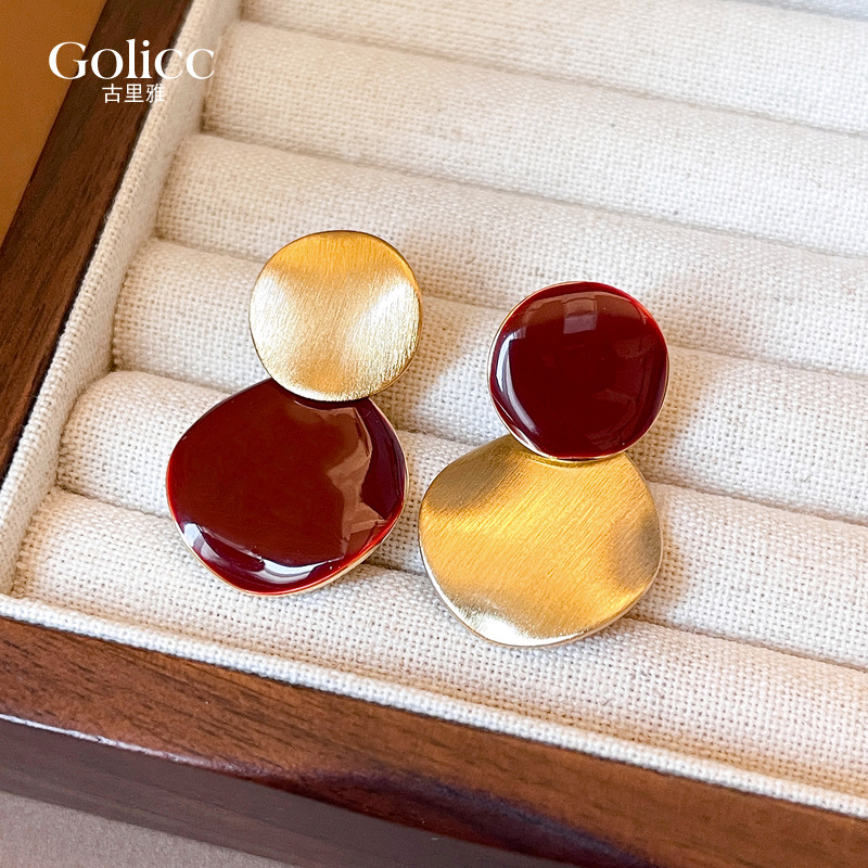 红色金色拉丝圆形片片耳环高级感