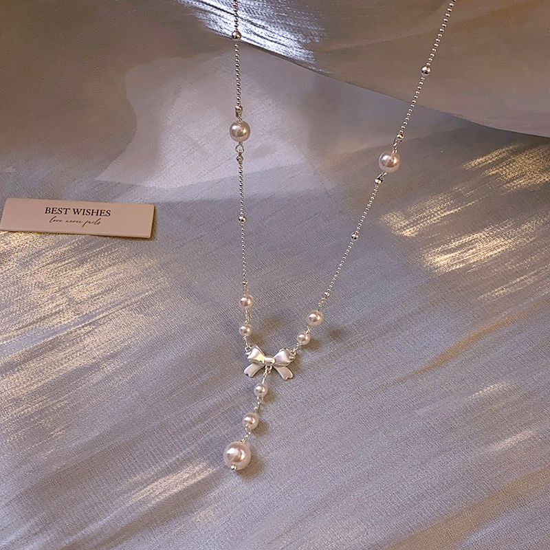 银色蝴蝶结珍珠吊坠项链轻奢小众