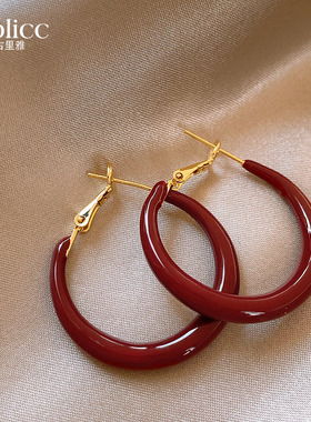 复古红色圈圈耳环女耳钉2026新款爆款高级感轻奢气质方圆脸耳饰品