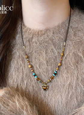 美拉德虎眼石爱心吊坠串珠长项链