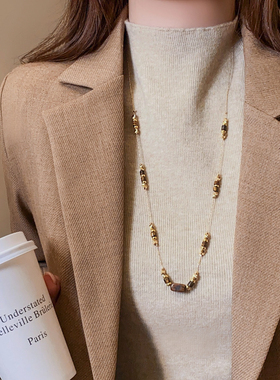 美拉德咖色几何虎眼石串珠项链