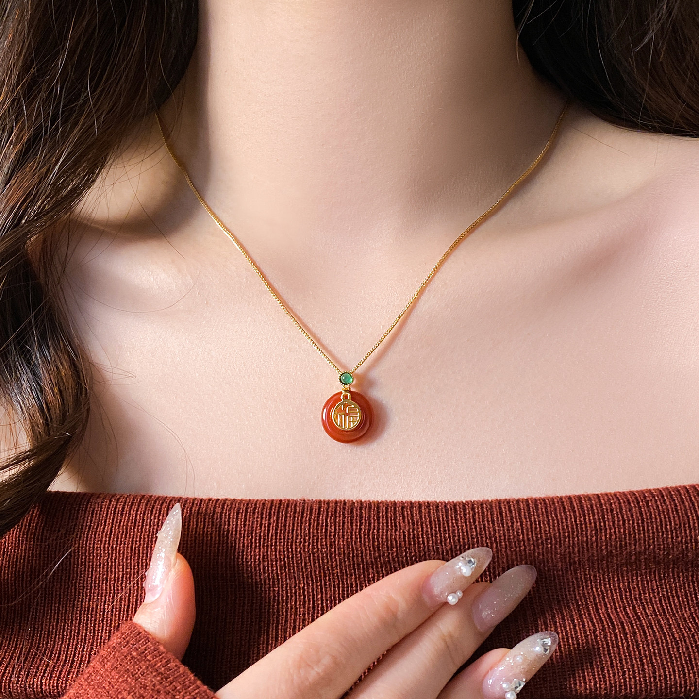 新中式红色福字平安扣吊坠项链女款高级感轻奢小众毛衣链2026新款