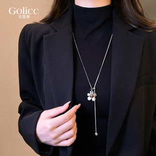 银色虎眼石花朵吊坠项链女2025新款 毛衣链大气高档高级感秋冬配饰