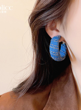 缠绕牛仔布C型耳环女2026年新款爆款蓝色耳圈耳饰小众设计感耳钉