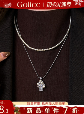 古里雅双层叠戴银色珍珠篮子吊坠项链女2025新款冬天配毛衣的首饰
