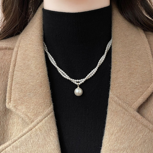 法式双层麻花珍珠项链毛衣链配饰