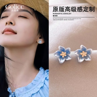 章若楠同款蓝色山茶花朵耳钉女养耳洞耳环精致小巧耳饰925纯银针