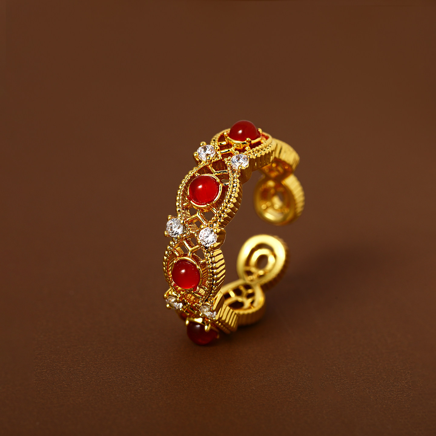 金色镂空锆石花丝开口戒指高级感