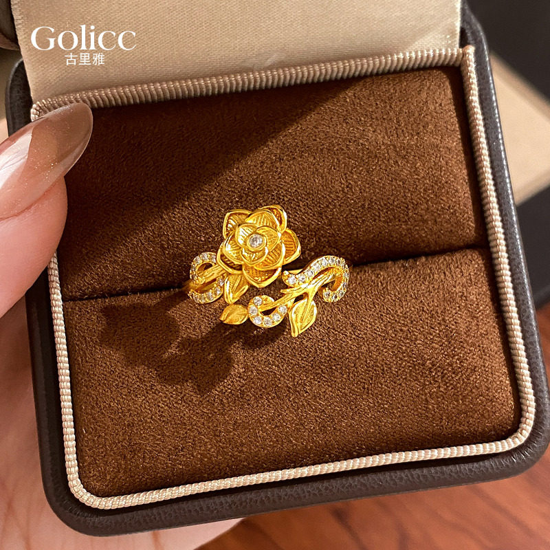 古法沙金纹理花朵锆石戒指女巨好看的开口指环轻奢高级感小众设计