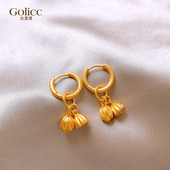 新中式 国风沙金双莲蓬耳环女小众独特通勤金色耳饰轻奢高级感气质