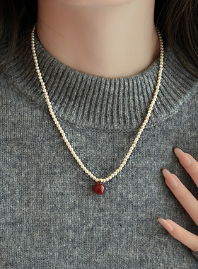 红色元素玛瑙珍珠毛衣项链配饰女颈链高级感轻奢小众2026新款吊坠