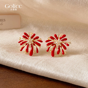 红色锆石烟花耳环女马年2026新款爆款高级感耳饰新年耳钉独特漂亮