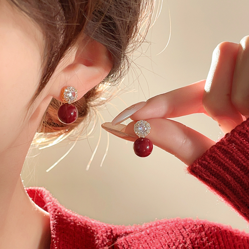 新年红色珍珠耳环轻奢高级感耳钉