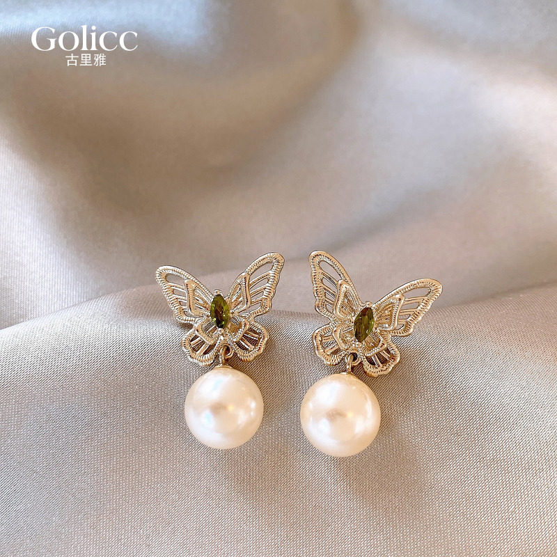 银色镂空蝴蝶锆石珍珠耳坠耳钉