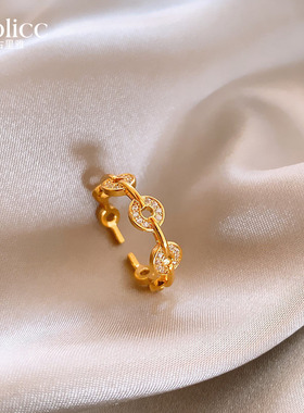 金色锆石钱币开口戒指高级感指环