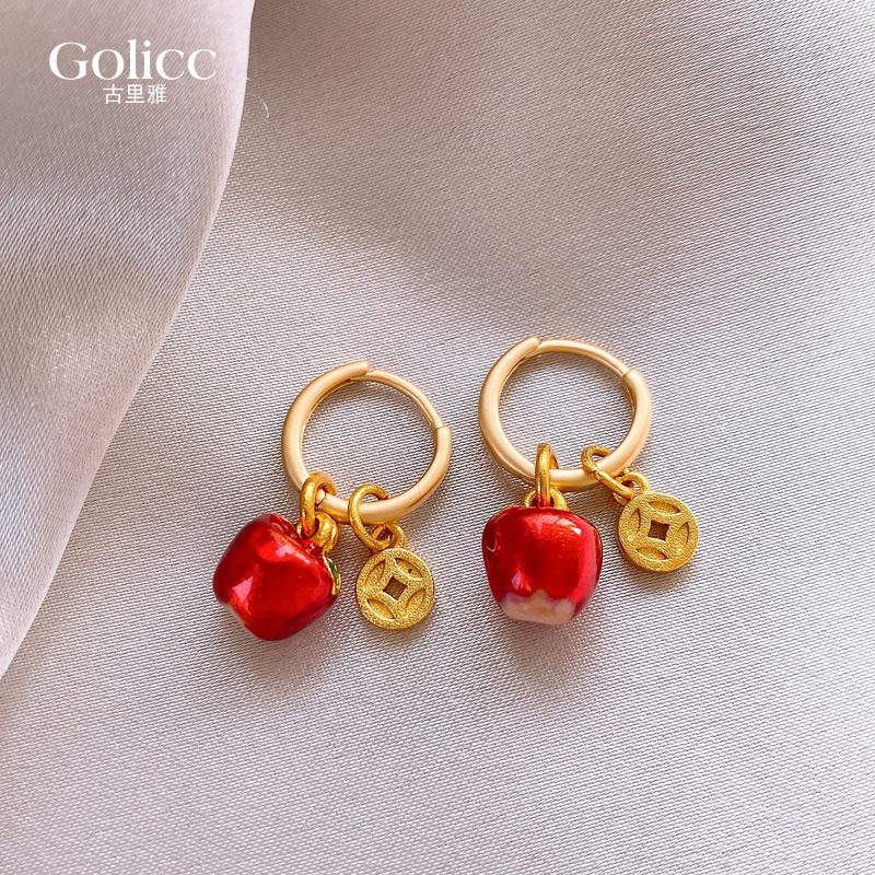 红色苹果沙金钱币耳扣耳环高级感