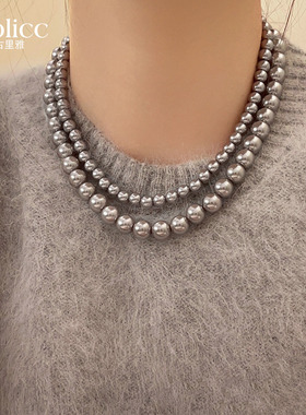 麻灰珍珠项链轻奢毛衣颈链锁骨链