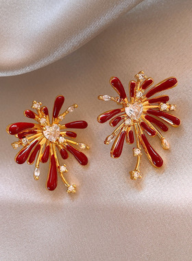 红色锆石烟花耳环女2026新款爆款高级感耳钉超好看独特漂亮耳饰品