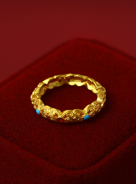 复古沙金镂空花丝戒指轻奢高级感