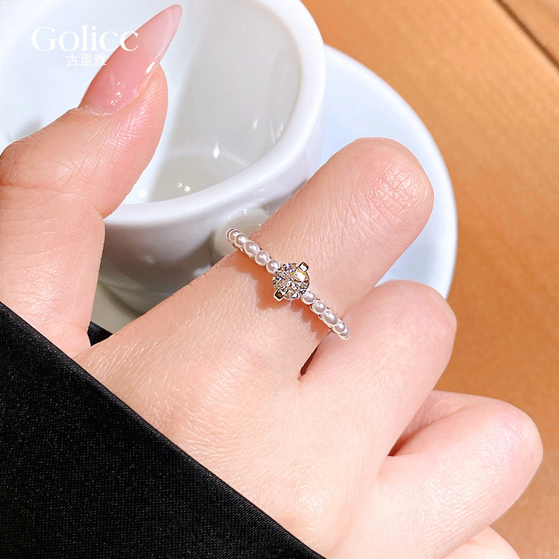 银色单颗锆石珍珠戒指轻奢高级感