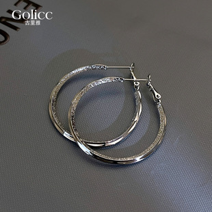 银色磨砂车花大圈圈耳环女秋冬高级感耳圈适合圆脸的耳饰夸张耳钉