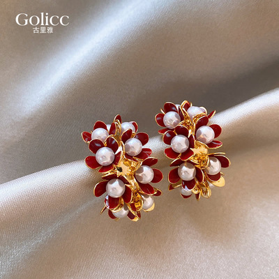 珍珠红色花朵耳钉巨好看精致耳环