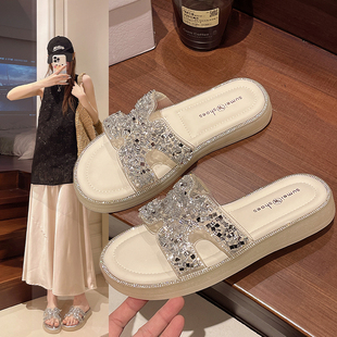 绝美水钻厚底凉拖鞋女夏外穿2026新款仙女风配裙子海边沙滩一字拖