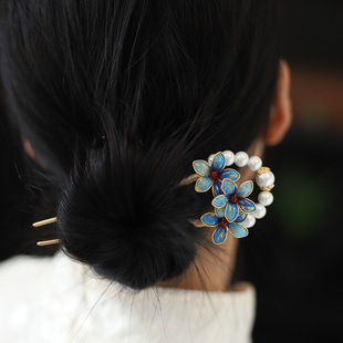 手工掐丝古风花朵u型发簪清冷感汉服发饰清汉女珍珠头饰旗袍发钗