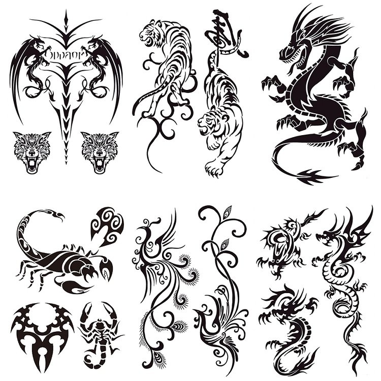 纯黑线条龙老虎凤凰蝎子大图案水转印纹身贴防水男女胸口手臂贴画