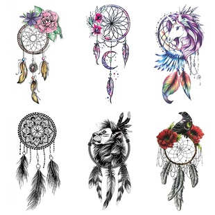 纹艾美印第安捕梦网羽毛女生性感防水纹身贴女手腕腿后背遮痕贴花