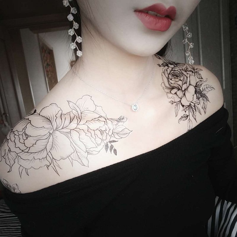 纹艾美防水纹身贴 女持久锁骨腿韩国黑色素雅花朵树枝身体彩绘8张