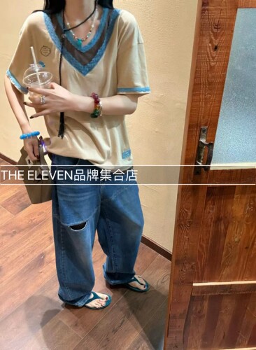 【新品】SELALA GU-OITMMTIO 设计师品牌V领蕾丝花边撞色T恤