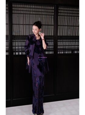 设计师款春夏新款高端真丝烧花刺绣衬衫上衣+吊带长裙国风女套装