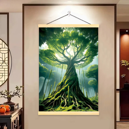 参天大树生命之树风景小清新卷轴挂画书房玄关装饰墙壁实木免打孔